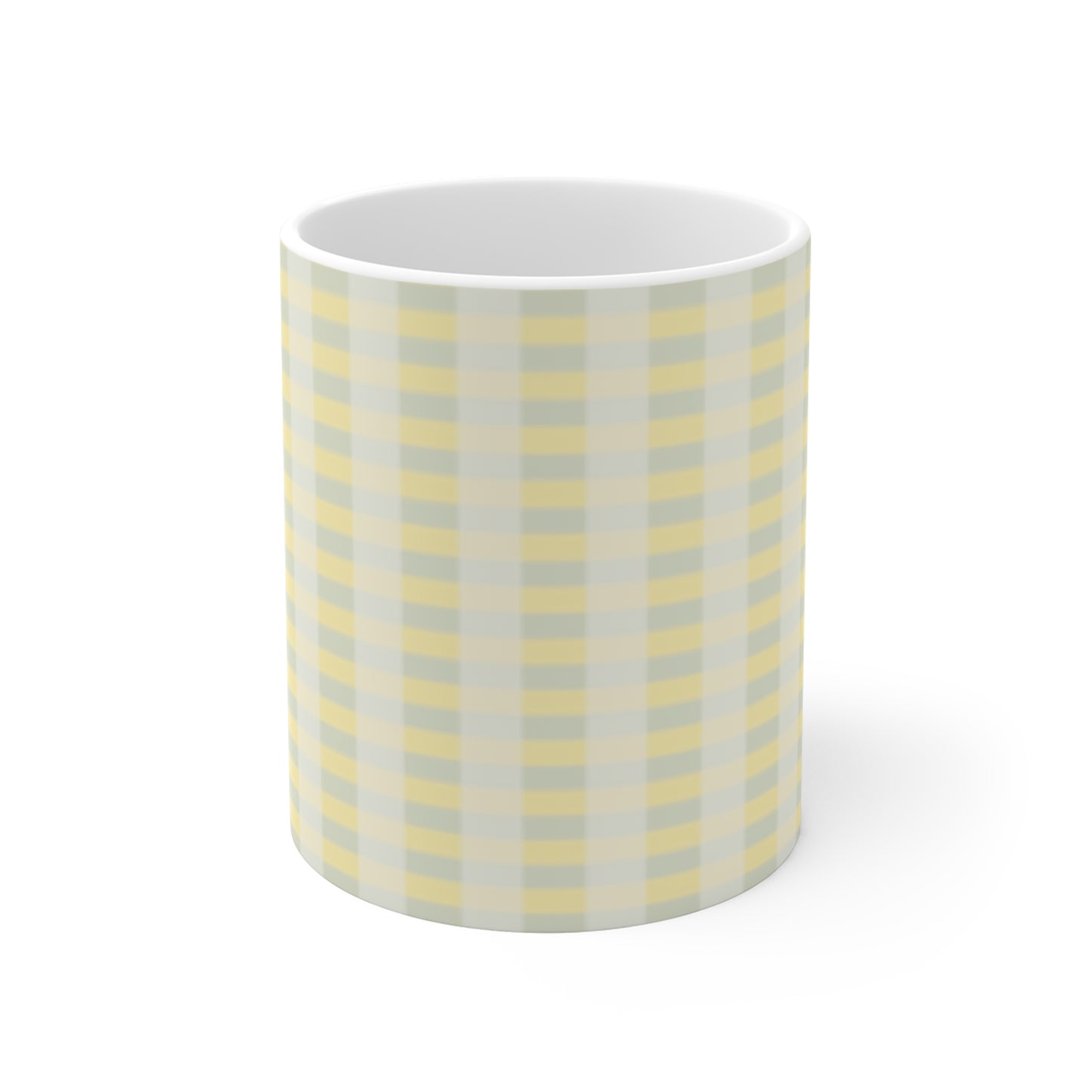 Yellow Gray Gingham Mug — Pastel Check Ceramic Coffee Cup
