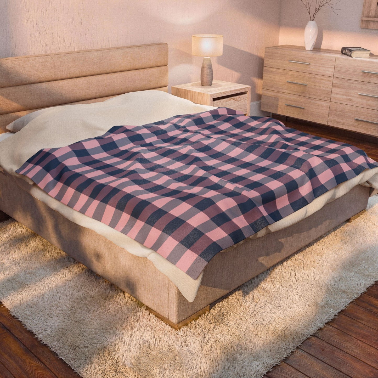 Plaid Velveteen Plush Blanket — Pink & Navy Cozy Throw