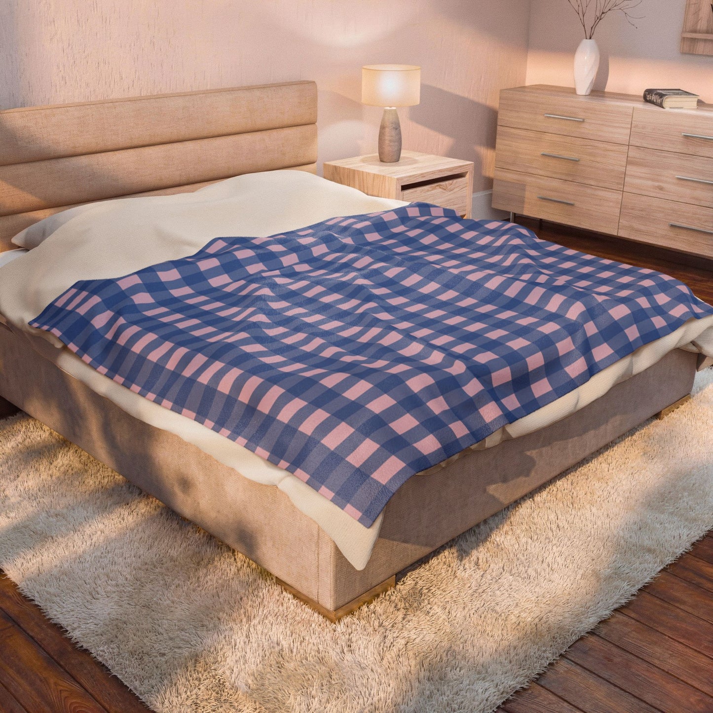 Blue and Pink Gingham Velveteen Plush Blanket