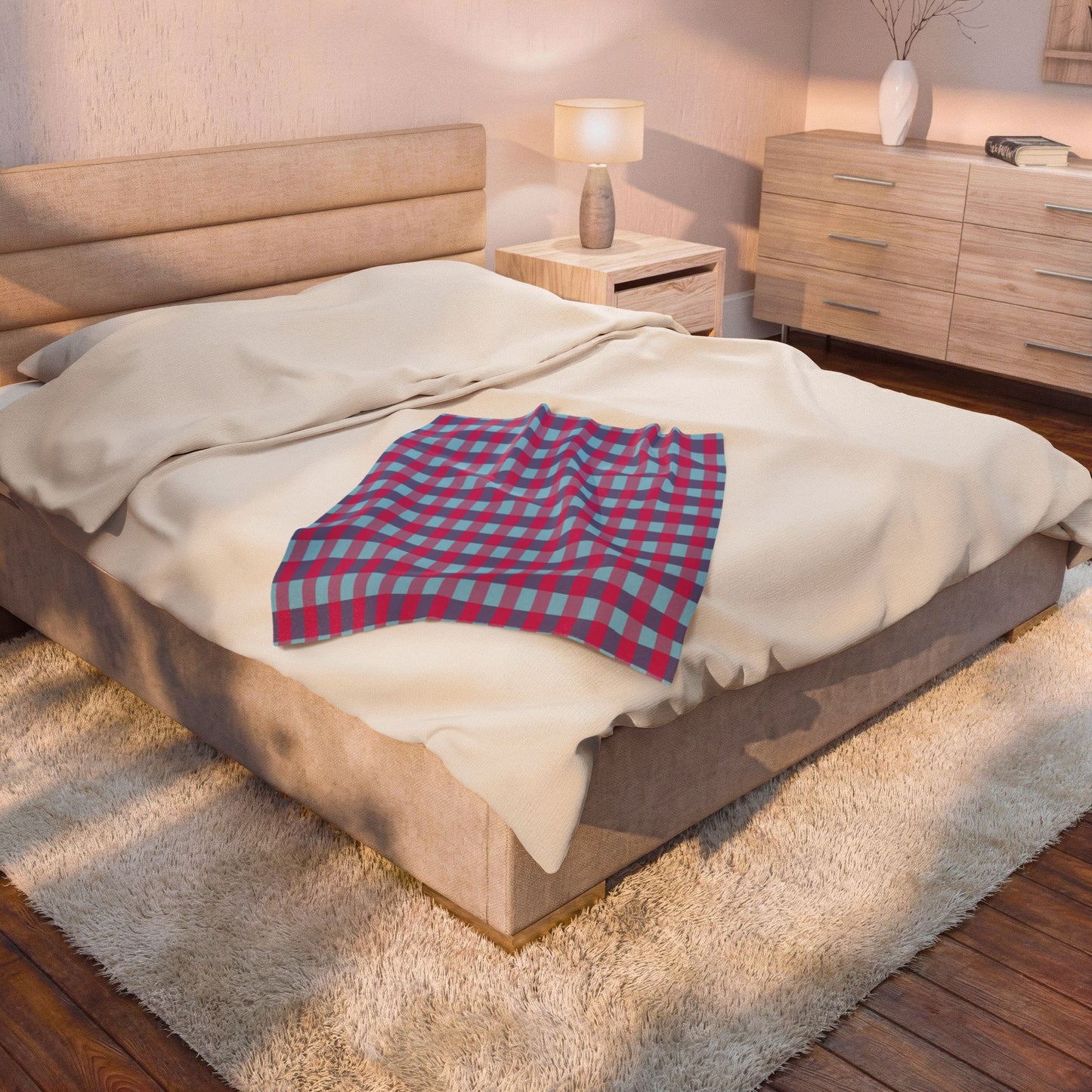 Pink & Teal Plaid Velveteen Plush Blanket – Soft Cozy Throw for Home, Dorm & Gifts