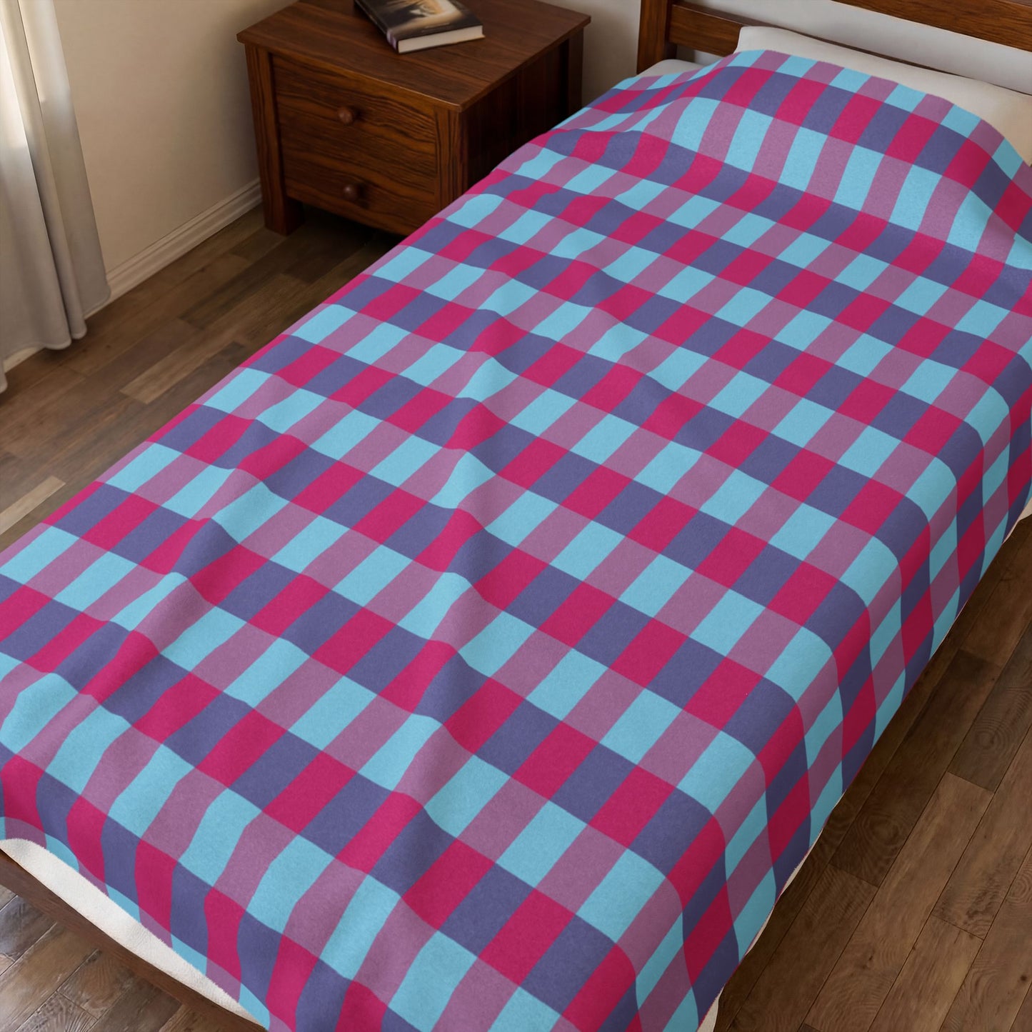 Pink & Teal Plaid Velveteen Plush Blanket – Soft Cozy Throw for Home, Dorm & Gifts