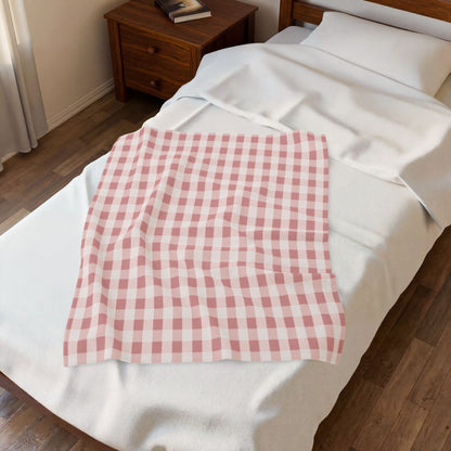 Pink Gingham Velveteen Plush Blanket – Cozy Farmhouse Throw