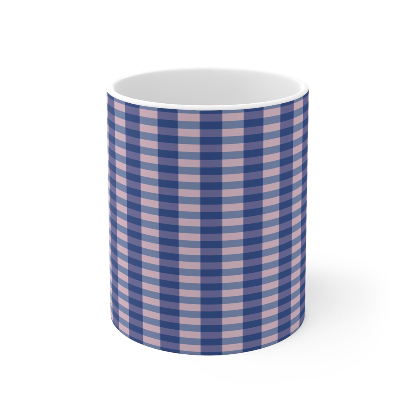 Blue & Pink Gingham Ceramic Mug — Classic Plaid Coffee Cup