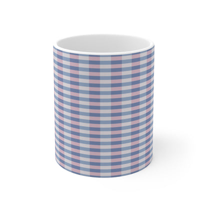 Plaid Pattern Coffee Mug — Pastel Blue & Pink 11oz Ceramic Mug