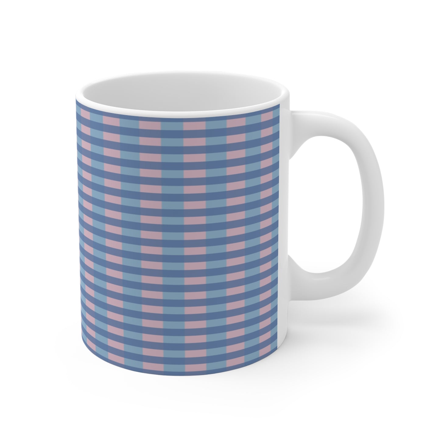 Blue & Pink Gingham Pattern Mug — 11oz Ceramic Coffee Cup
