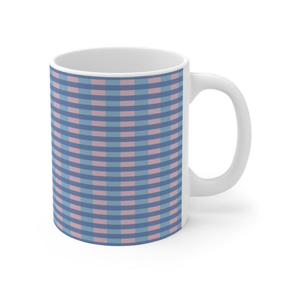 Blue & Pink Gingham Pattern Mug — 11oz Ceramic Coffee Cup