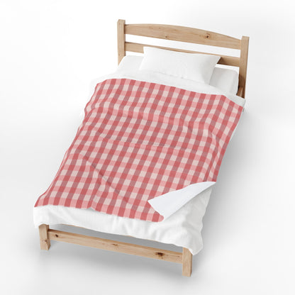 Gingham Velveteen Plush Blanket — Soft Pink Check Throw