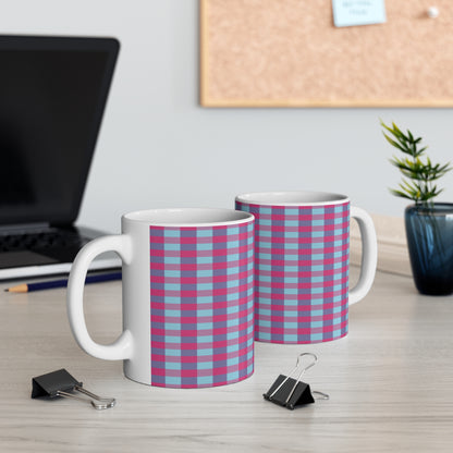 Plaid Pattern Ceramic Mug — Pink & Teal Checkered 11oz Coffee Cup