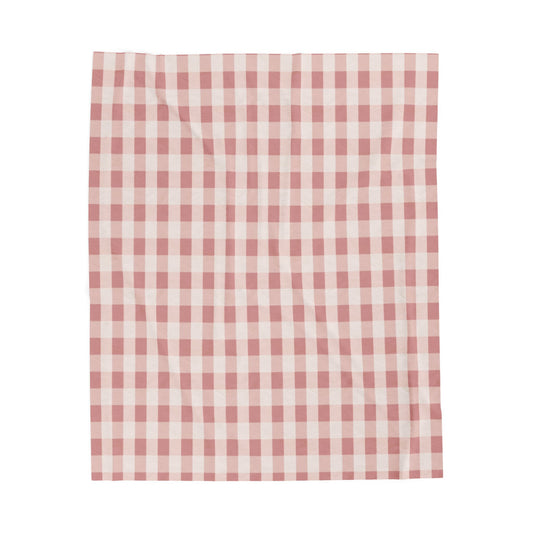 Pink Gingham Velveteen Plush Blanket – Cozy Farmhouse Throw