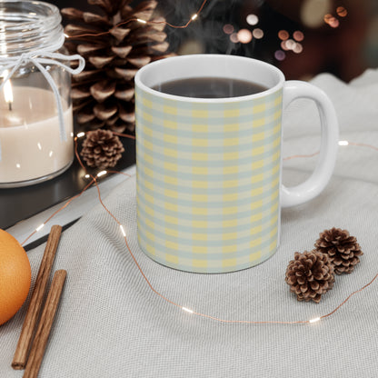 Gingham Pastel Check Mug — Yellow & Gray Plaid Coffee Cup