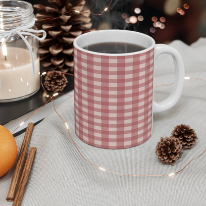 Pink Gingham Ceramic Coffee Mug — Retro Check Pattern 11oz