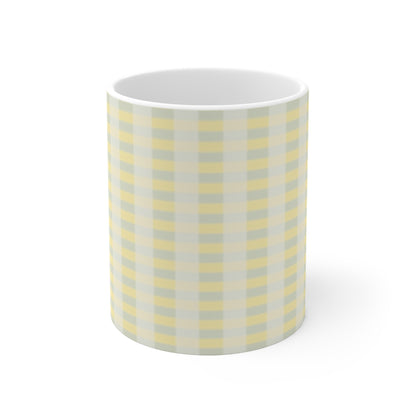 Yellow Gray Gingham Mug — Pastel Check Ceramic Coffee Cup