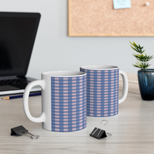 Pink & Blue Gingham Pattern Mug — Cozy Check Ceramic Coffee Cup