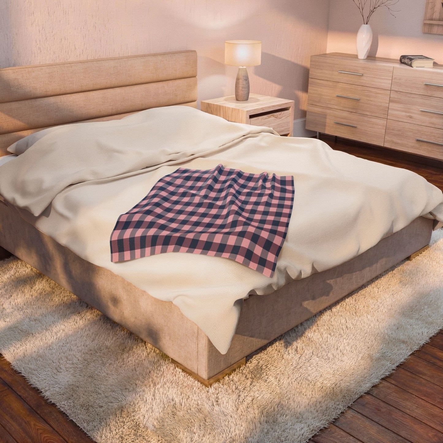 Plaid Velveteen Plush Blanket — Pink & Navy Cozy Throw
