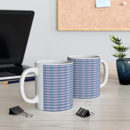 Blue & Pink Gingham Pattern Mug — 11oz Ceramic Coffee Cup