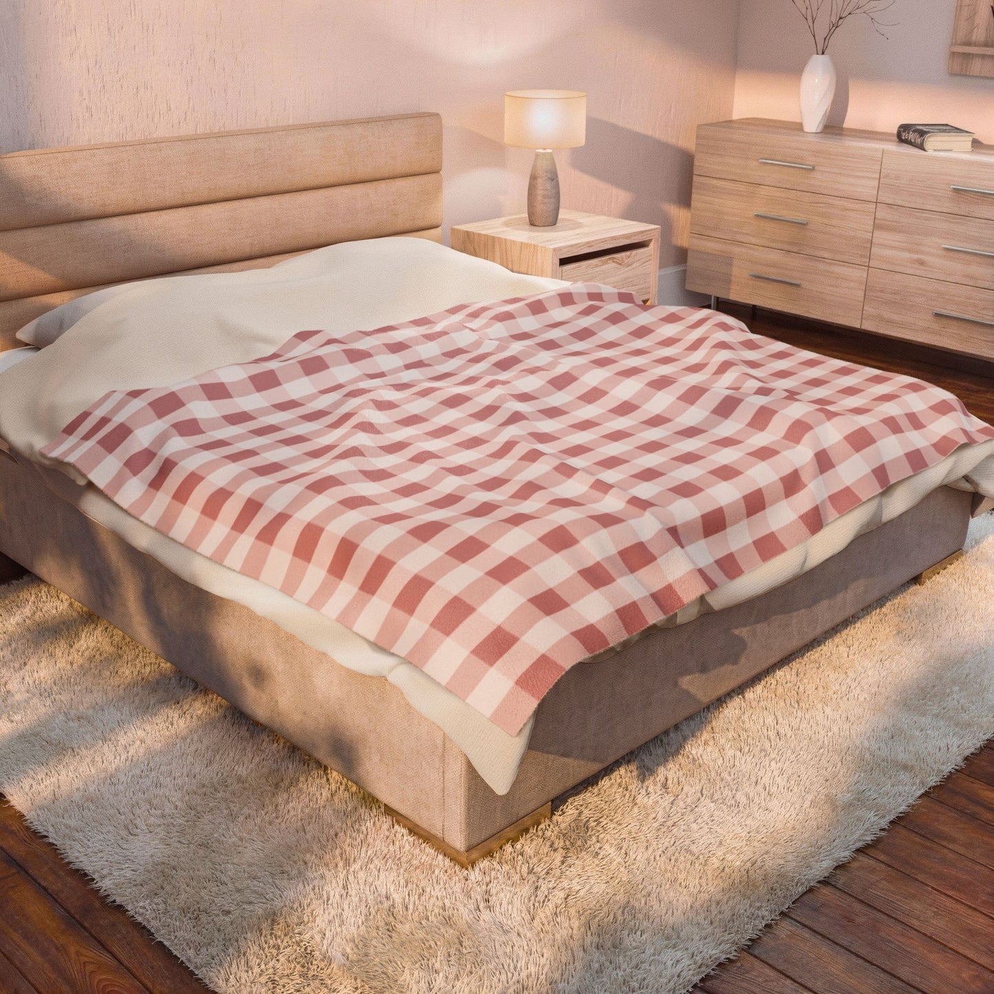 Pink Gingham Velveteen Plush Blanket – Cozy Farmhouse Throw