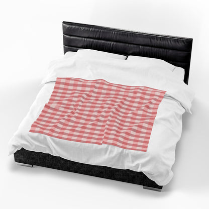 Gingham Velveteen Plush Blanket — Soft Pink Check Throw