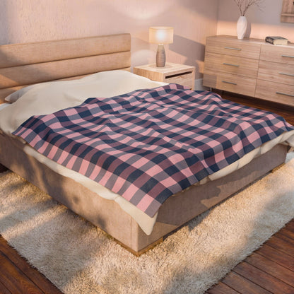 Plaid Velveteen Plush Blanket — Pink & Navy Cozy Throw