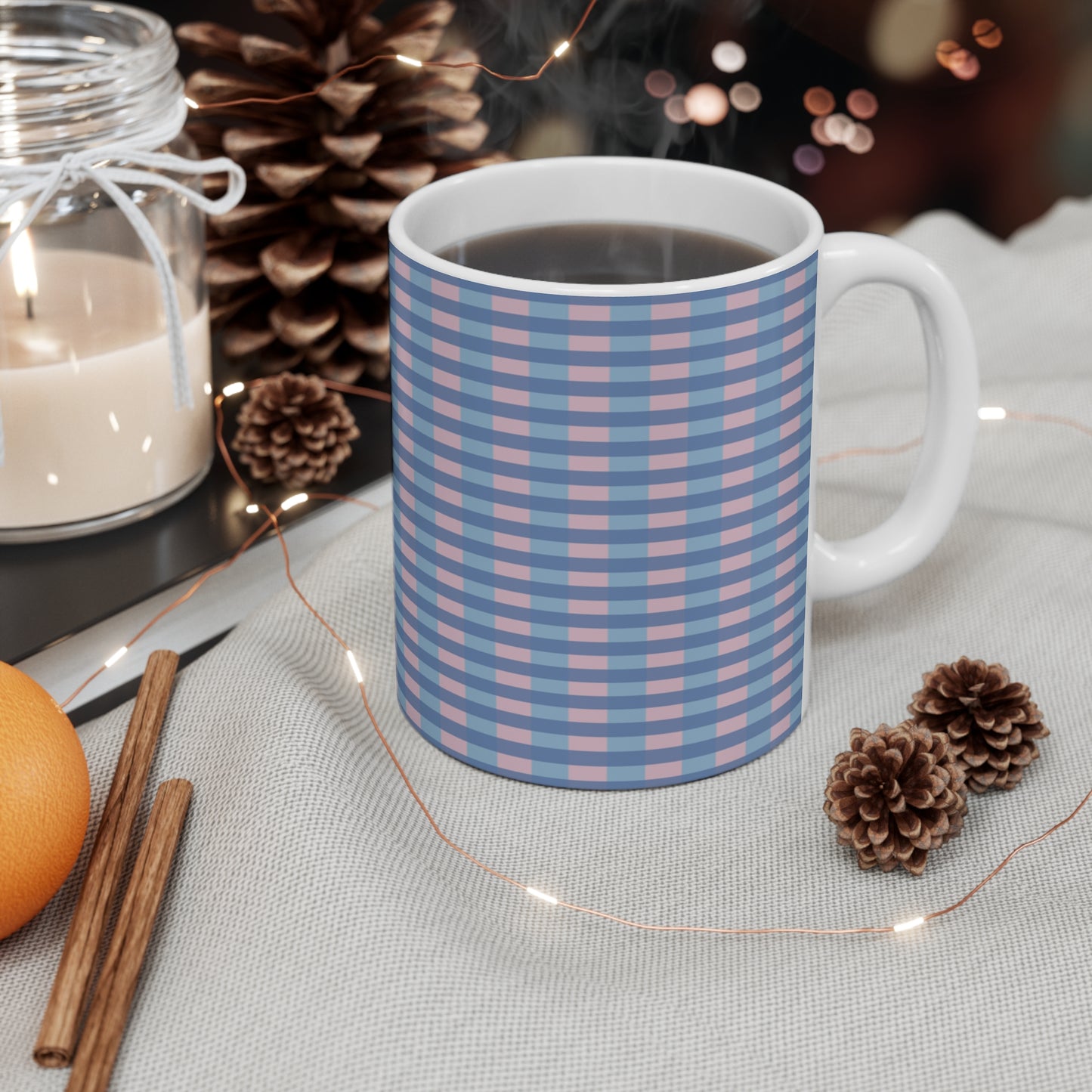 Blue & Pink Gingham Pattern Mug — 11oz Ceramic Coffee Cup