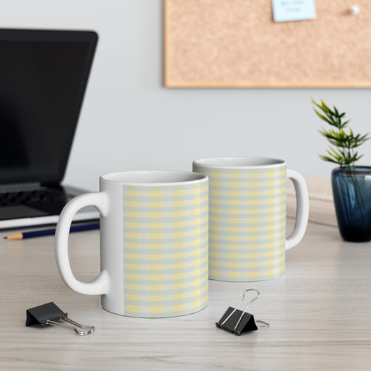 Gingham Pastel Check Mug — Yellow & Gray Plaid Coffee Cup