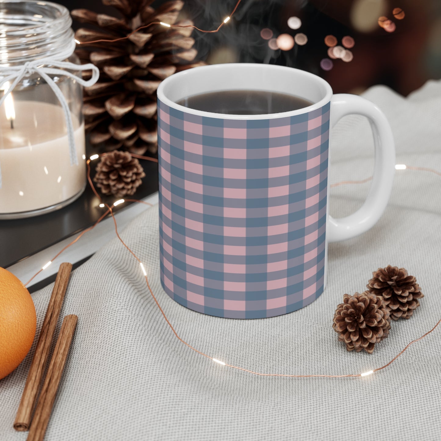 Pink & Gray Buffalo Plaid Mug – 11oz Ceramic Coffee Cup