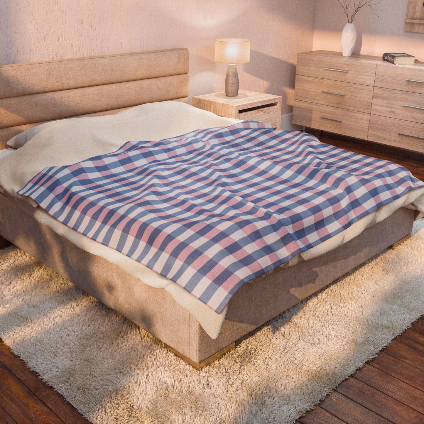 Plaid Velveteen Plush Blanket — Soft Pink & Blue Check Throw
