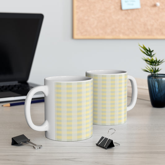 Yellow Gray Gingham Mug — Pastel Check Ceramic Coffee Cup