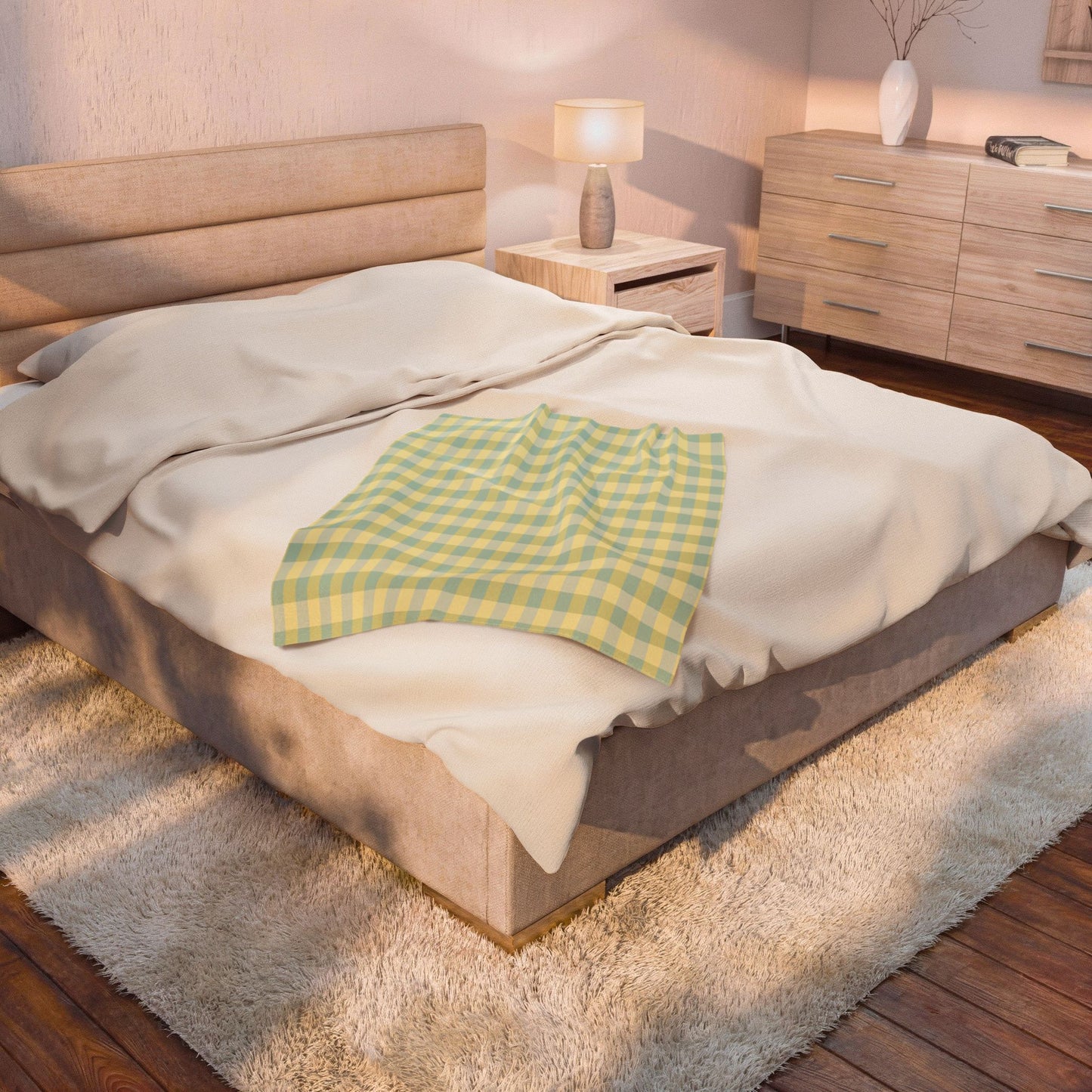 Plaid Velveteen Plush Blanket - Pastel Yellow & Mint Cozy Throw