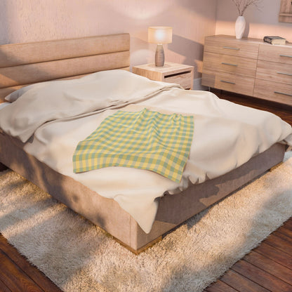 Plaid Velveteen Plush Blanket - Pastel Yellow & Mint Cozy Throw