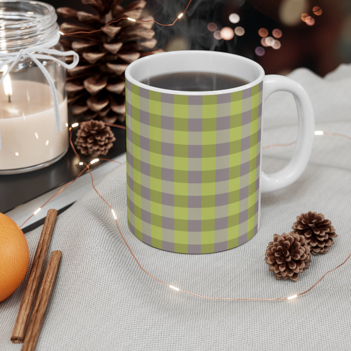 Green Plaid Mug | Lime and Olive Buffalo Check Pattern