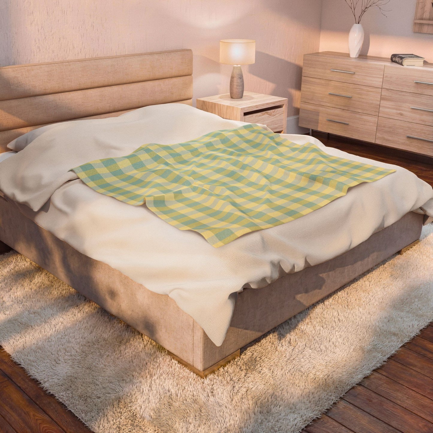 Plaid Velveteen Plush Blanket - Pastel Yellow & Mint Cozy Throw