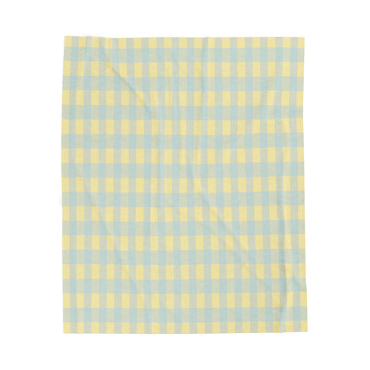 Velveteen Plush Blanket – Soft Pastel Yellow & Blue Gingham Throw