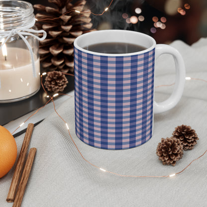 Blue & Pink Gingham Ceramic Mug — Classic Plaid Coffee Cup