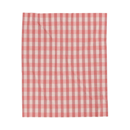 Gingham Velveteen Plush Blanket — Soft Pink Check Throw