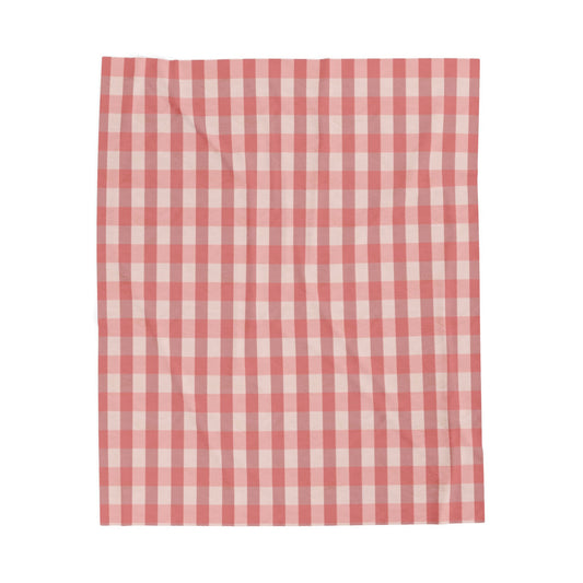 Gingham Velveteen Plush Blanket — Soft Pink Check Throw