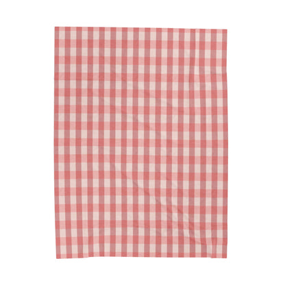 Gingham Velveteen Plush Blanket — Soft Pink Check Throw