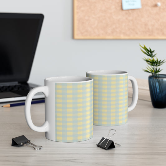 Pastel Yellow & Blue Gingham Mug — 11oz Checkered Coffee Cup