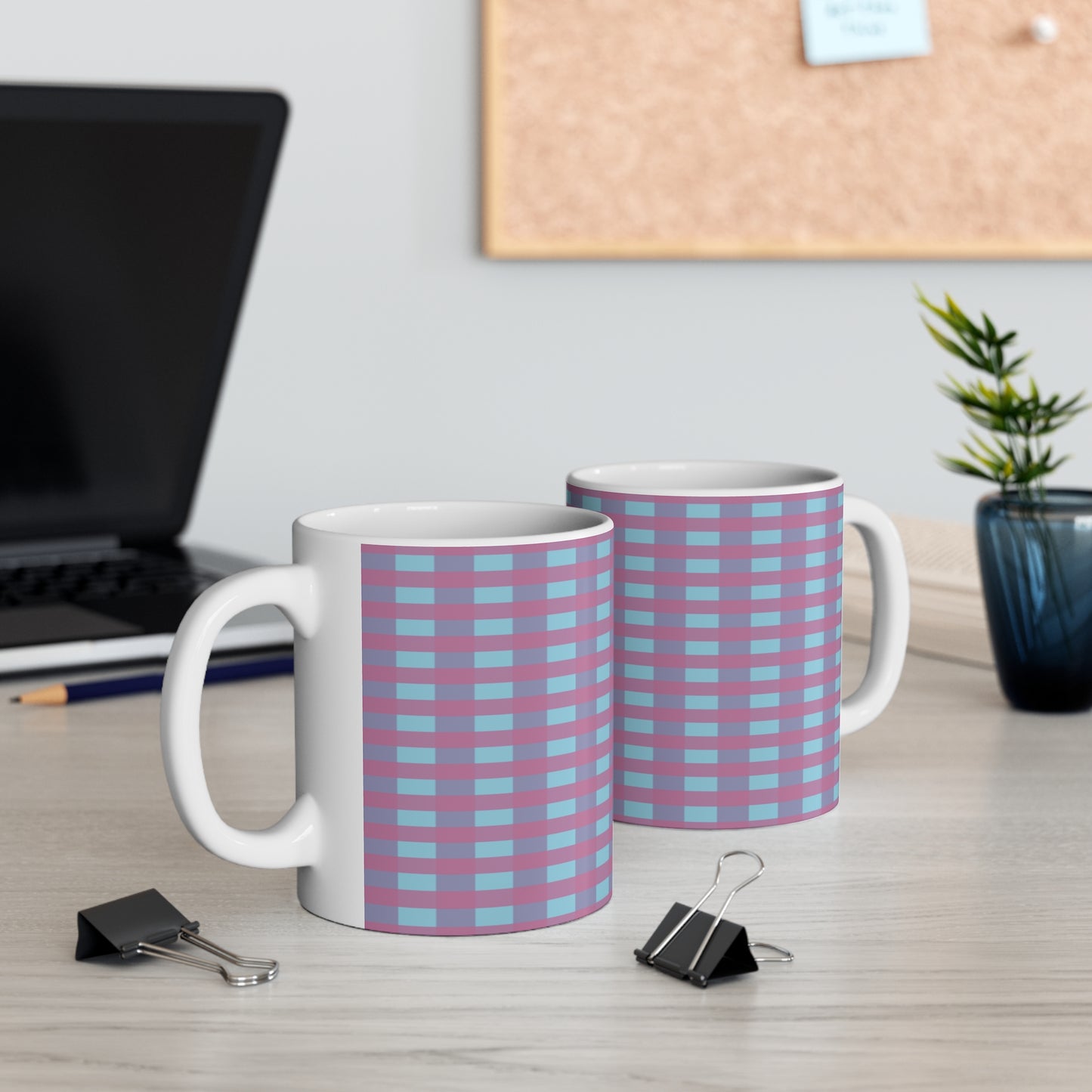 Plaid Pattern Coffee Mug — Retro Purple & Teal Grid Ceramic Mug