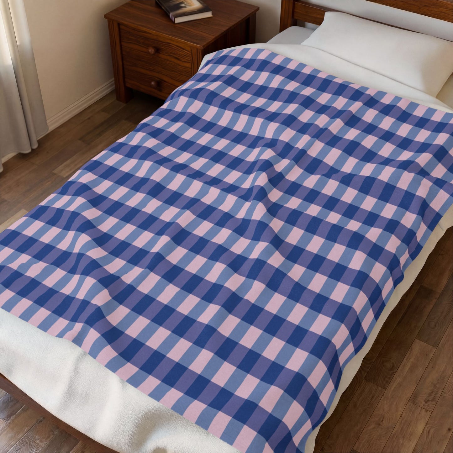 Blue & Pink Gingham Velveteen Plush Blanket