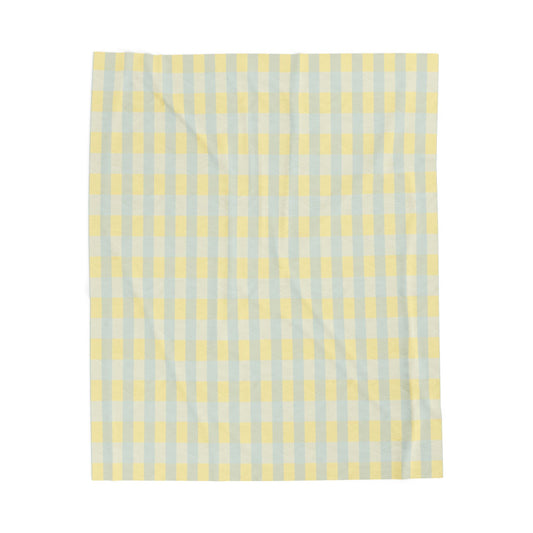 Yellow Blue Gingham Velveteen Plush Blanket — Soft Cozy Check Throw