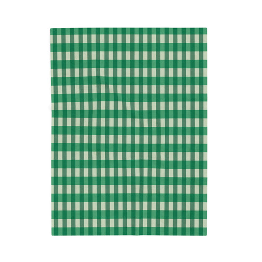 Green Gingham Velveteen Plush Blanket - Cozy Check Pattern Throw