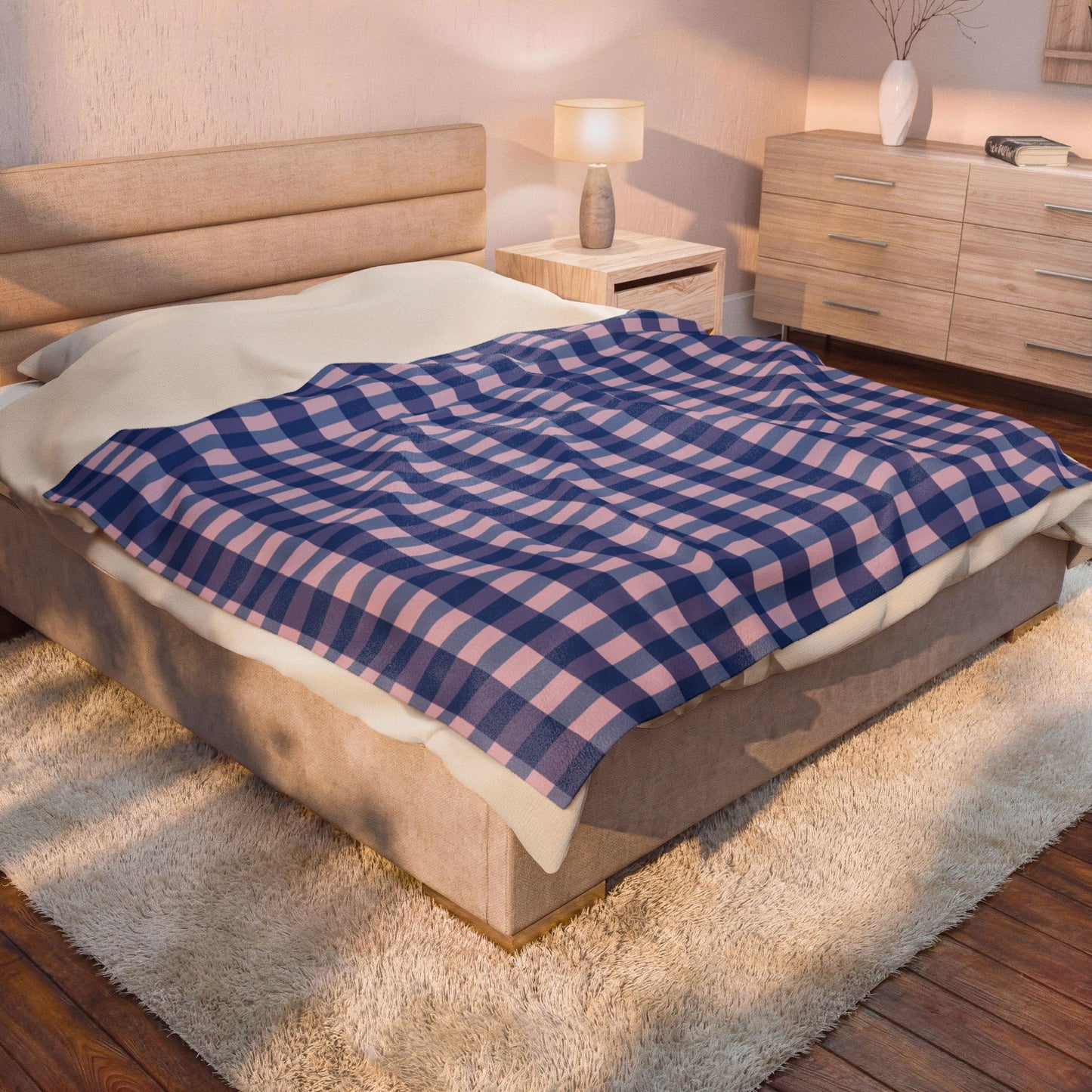Blue & Pink Gingham Velveteen Plush Blanket