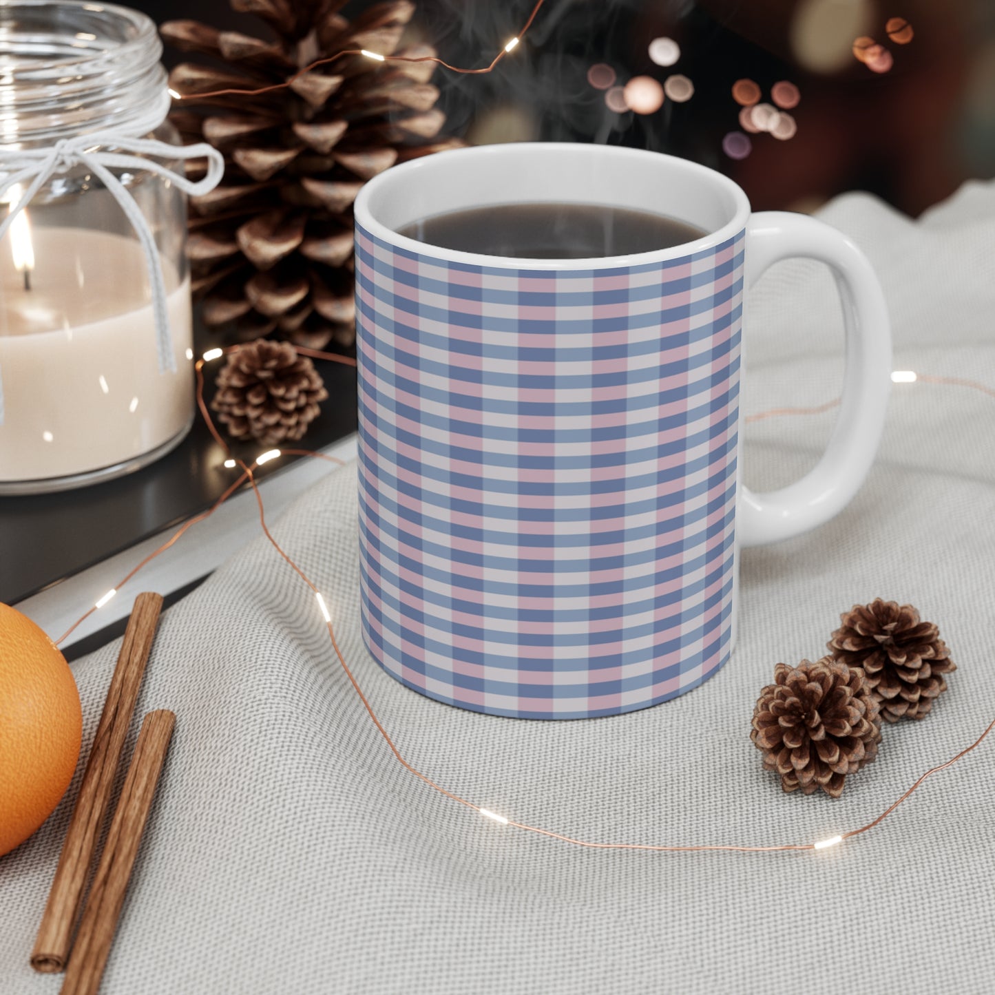 Plaid Pattern Coffee Mug — Pastel Blue & Pink 11oz Ceramic Mug