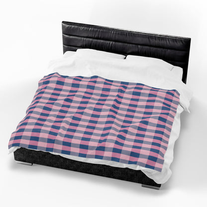 Pink & Navy Plaid Velveteen Plush Blanket — Cozy Checkered Throw for Home, Nursery & Gifts