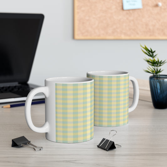 Pastel Plaid Mug — Yellow & Mint Check Coffee Cup