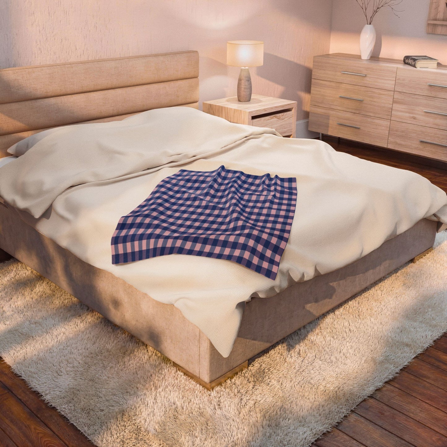 Blue & Pink Gingham Velveteen Plush Blanket