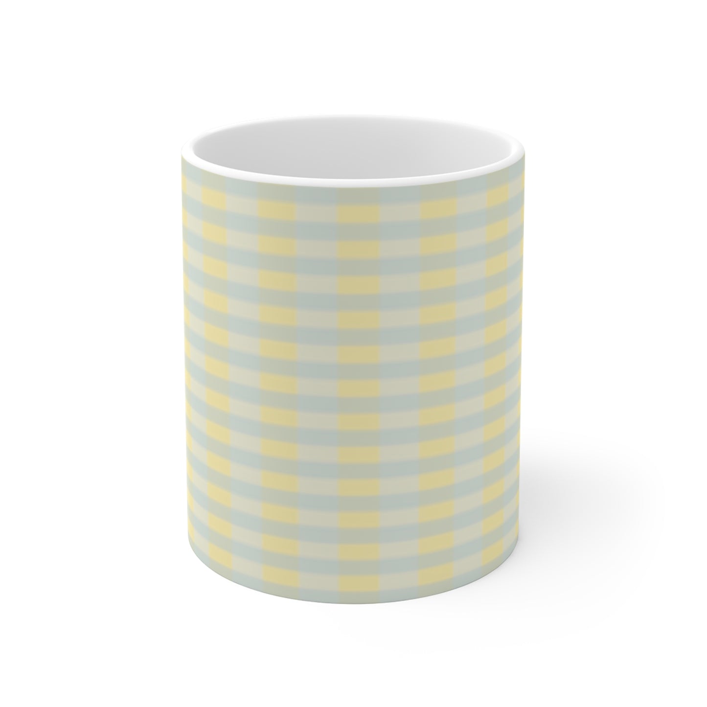 Gingham Pastel Check Mug — Yellow & Gray Plaid Coffee Cup