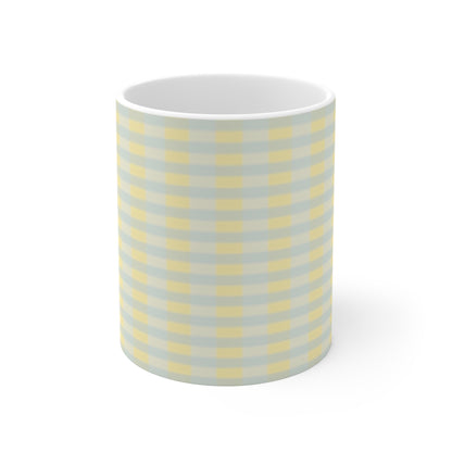Gingham Pastel Check Mug — Yellow & Gray Plaid Coffee Cup