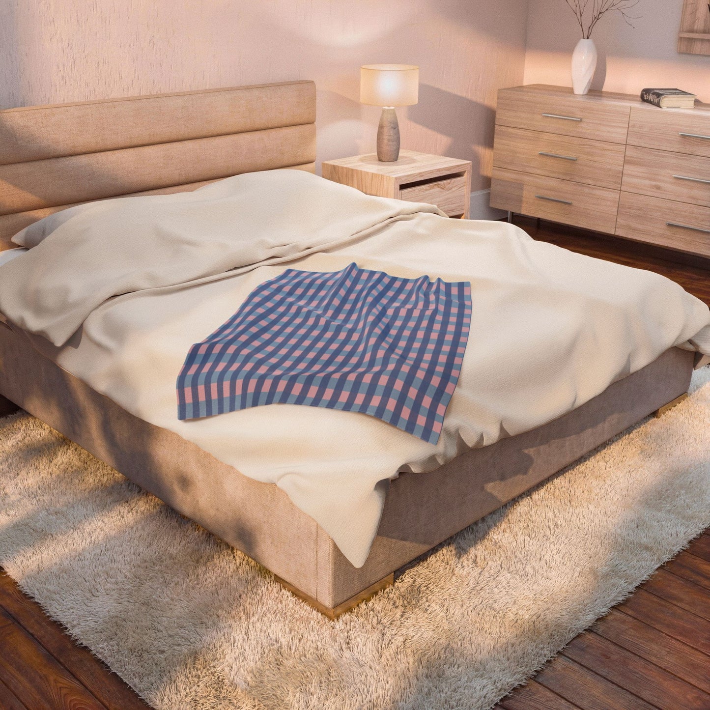 Plaid Velveteen Plush Blanket — Blue & Pink Cozy Throw