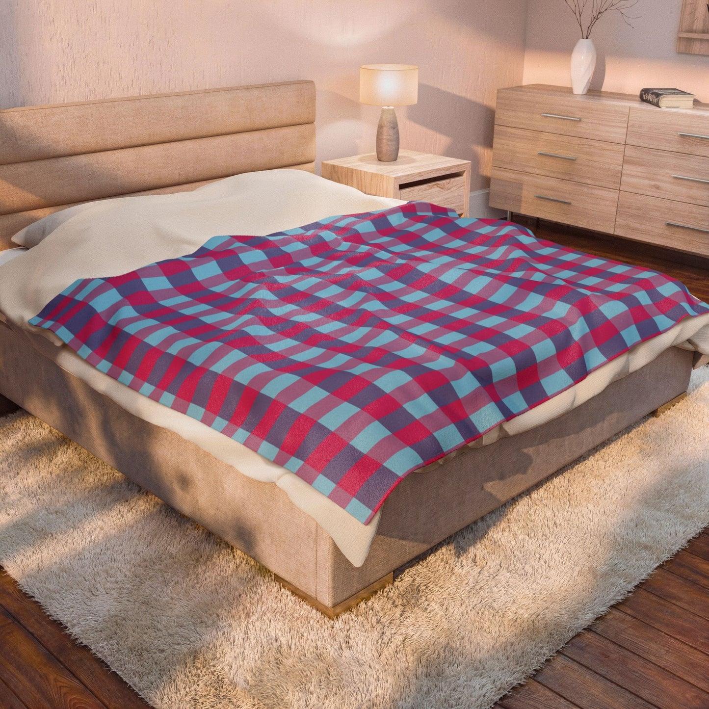 Pink & Teal Plaid Velveteen Plush Blanket – Soft Cozy Throw for Home, Dorm & Gifts